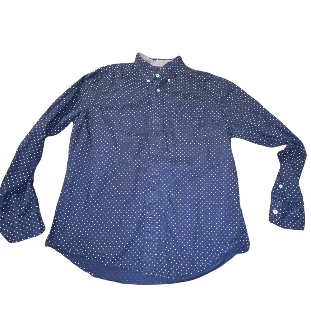 American Eagle classic fit long‎ sleeve button down, navy w/white dots Large